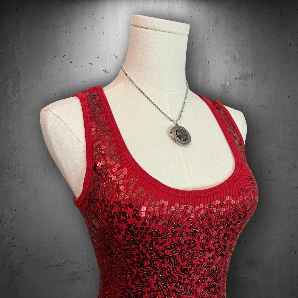 Chances R Red Sequin Embellished Ribbed Stretch Knit Scoop Neck Tank Top Large - Picture 2 of 8